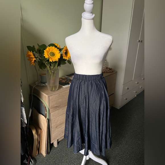 Blue Jean Dark Denim Modest Midi Elastic High-Waist Flare Knee-Length Skirt XS - Picture 10 of 16
